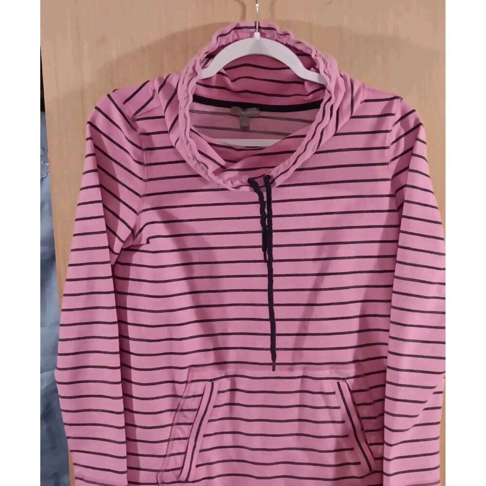 Talbots XS‎ Women's Mock Neck Sweatshirt, Pink with Blue Stripe And Drawstring